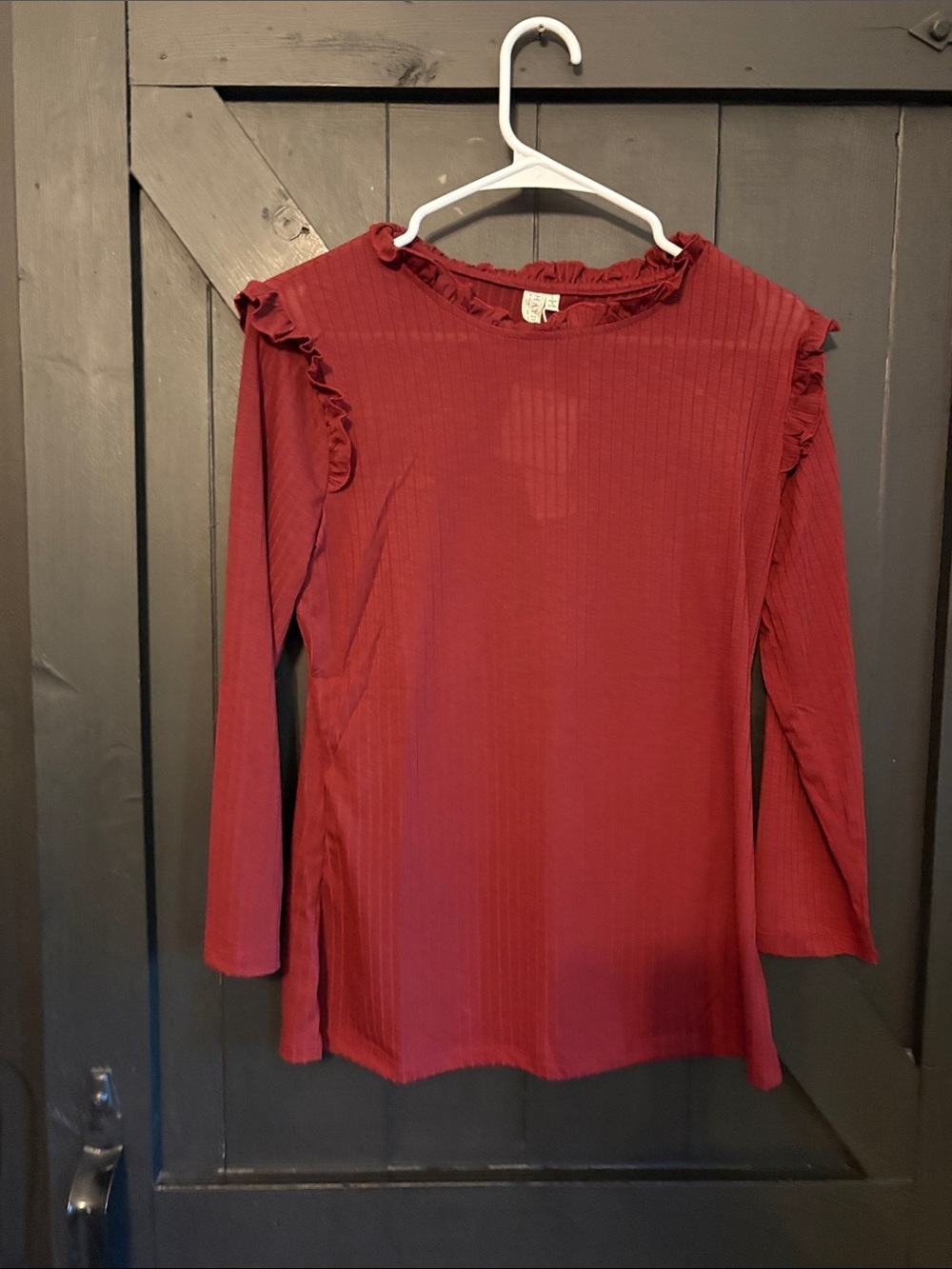 Hayden Ribbed Long Sleeve Top with Ruffle Trim - Burgundy